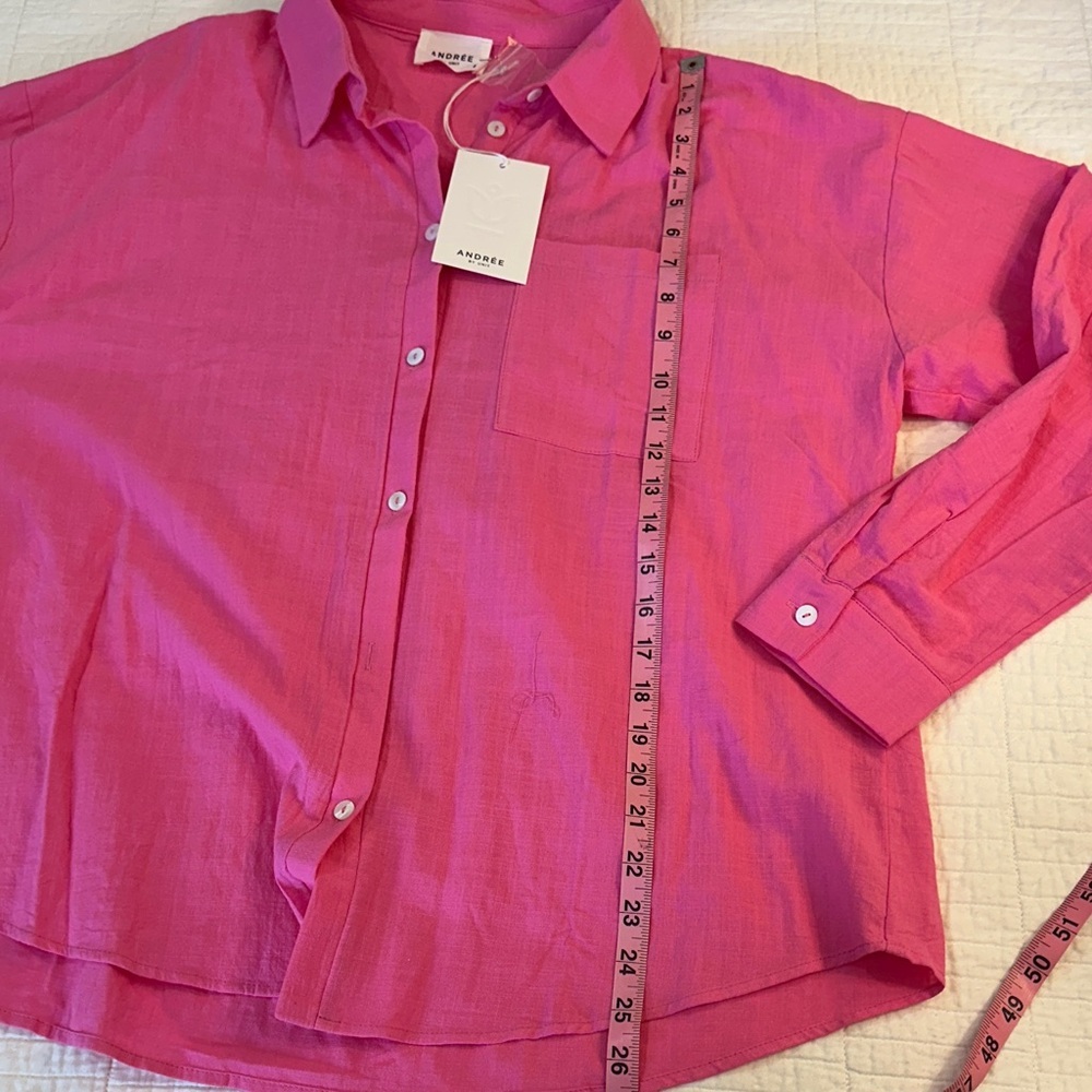 Andree Large Button Up Barbie Pink 100% Cotton NWT Elevated Basics - Picture 6 of 7